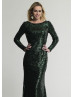 Long Sleeves Dark Green Sequin Sexy Evening Dress